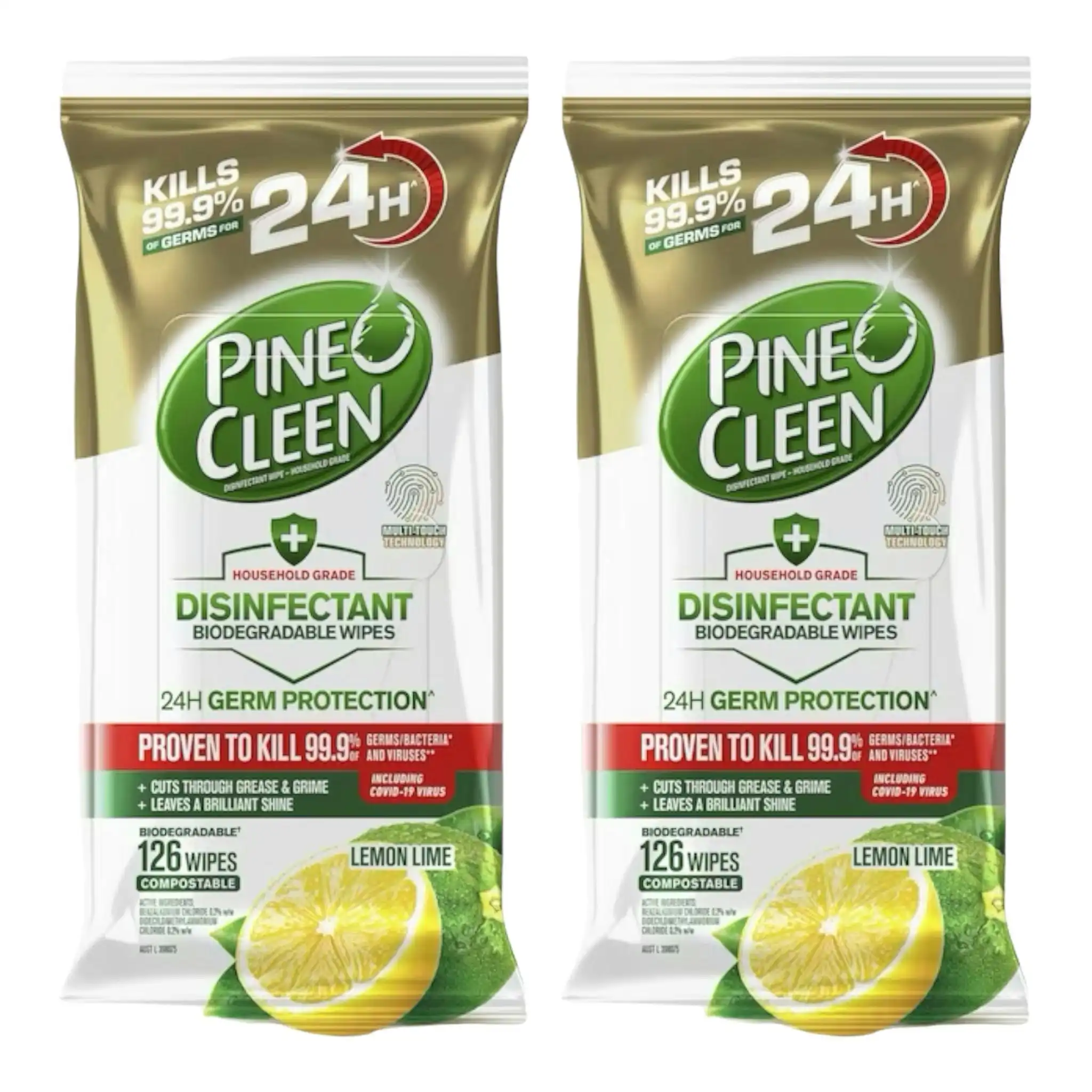 Pine O Cleen 24h Protection Lemon Lime Disinfectant Cleaning Wipes 126 Pack