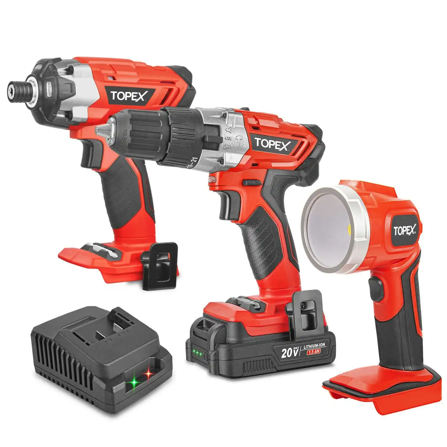Topex 20 V Cordless Kit: Hammer Drill, Impact Driver, LED Light w/ Fast Charger