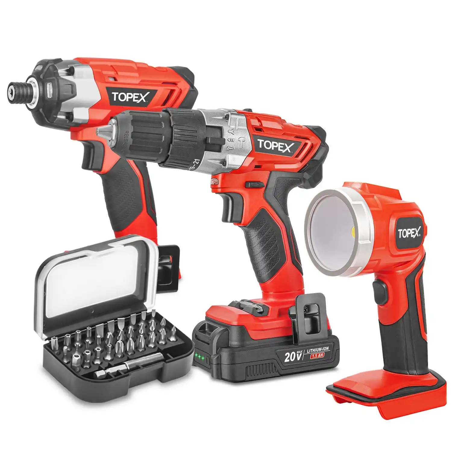 Topex 20 V Cordless Kit: Hammer Drill, Impact Driver, LED Light w/ Screw Bits