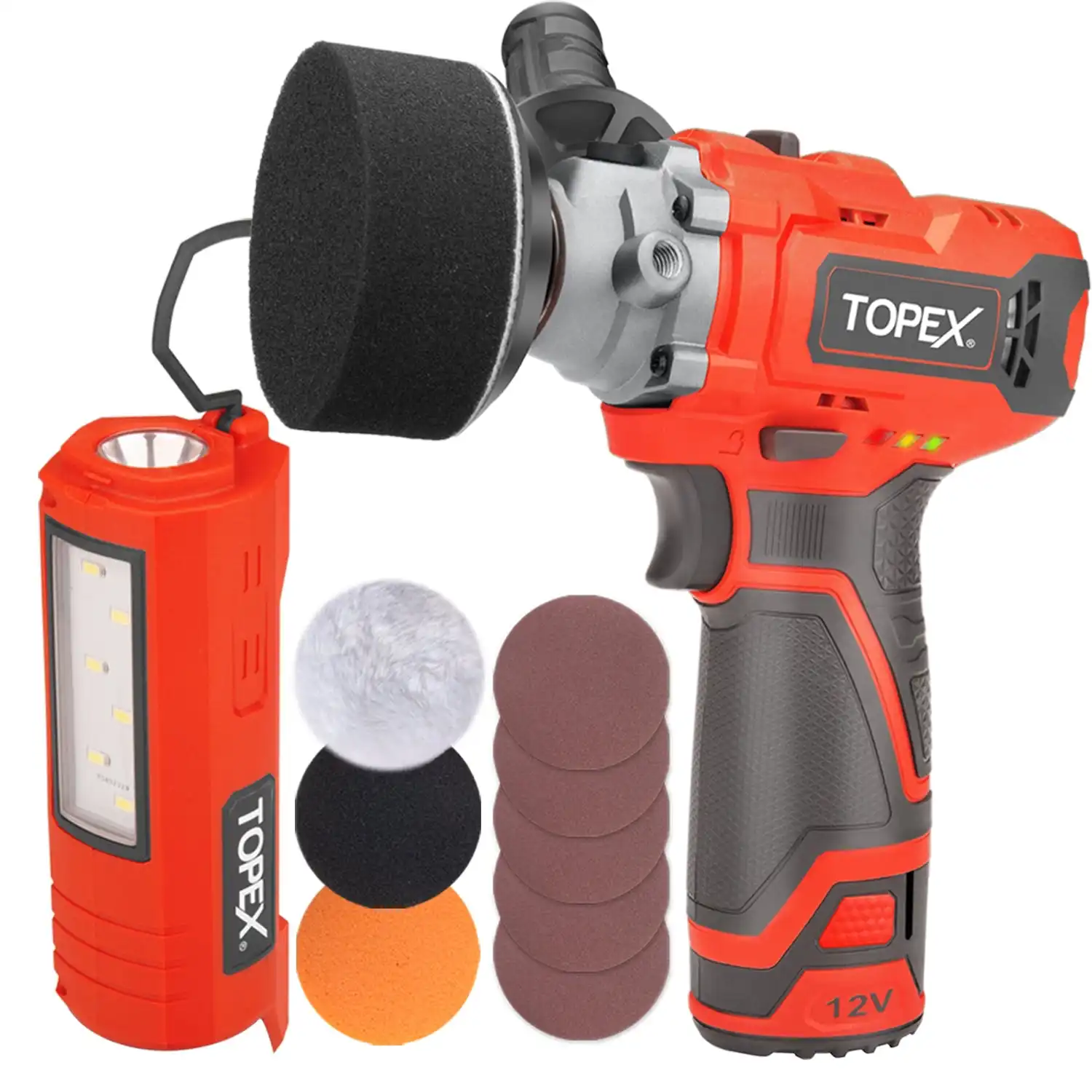 Topex 12V Cordless Polisher Lithium-Ion LED Torch w/ Battery & Charger