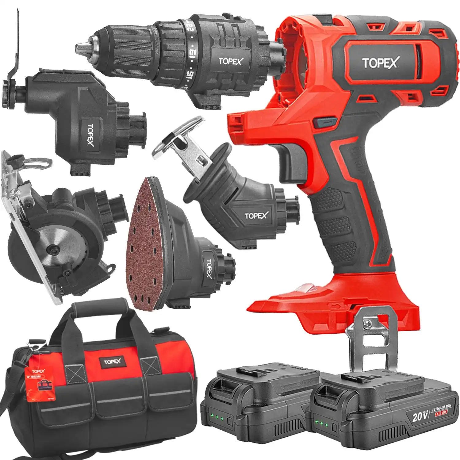 Topex 20V 5 IN1 Power Tool Combo Kit Cordless Drill Driver Sander Electric Saw w/ 2 Batteries & Tool Bag