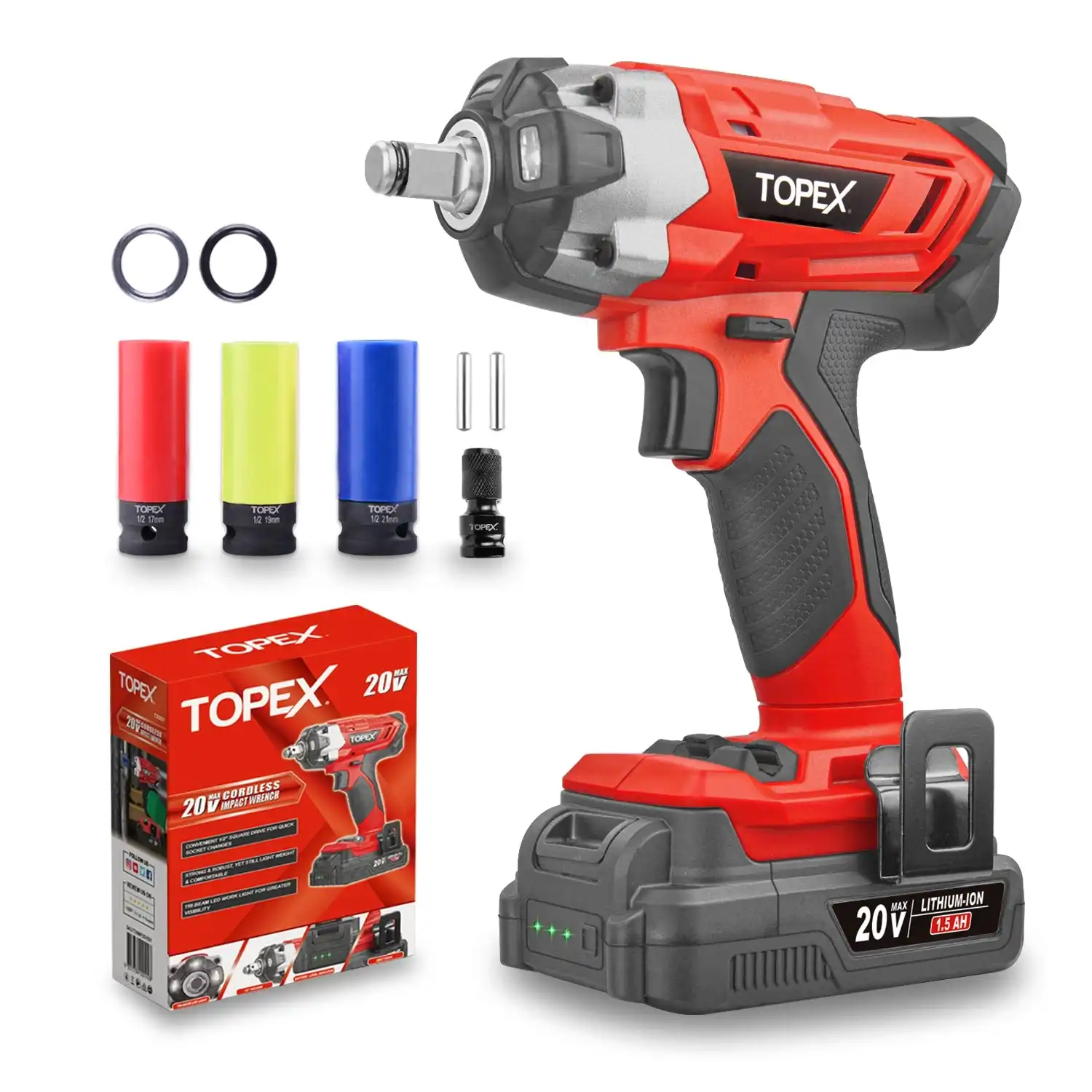 Topex 2 in 1 20V Cordless Impact Wrench Driver 1/2" w/ Sockets Battery & Charger