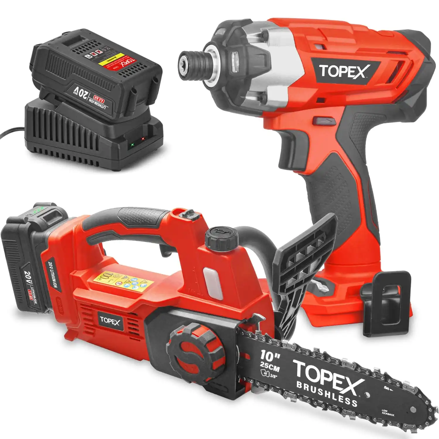 Topex 20V Cordless Chainsaw Impact Driver Power Tool Combo Kit w/ 4.0Ah Battery