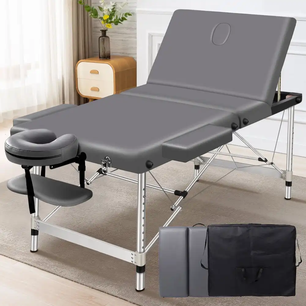 Alfordson Massage Table 3 Fold 75cm Foldable Portable Aluminium Bed Desk Grey