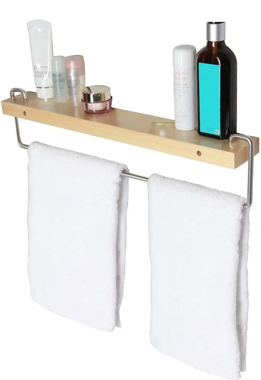 Wall Mount Solid Wood Shelf with Towel Rack Bar Holder Bathroom Organizer Hanger