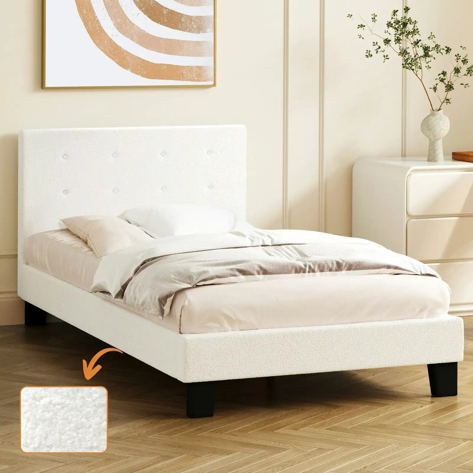 Oikiture Bed Frame King Single Bed Platform Wooden White Boucle
