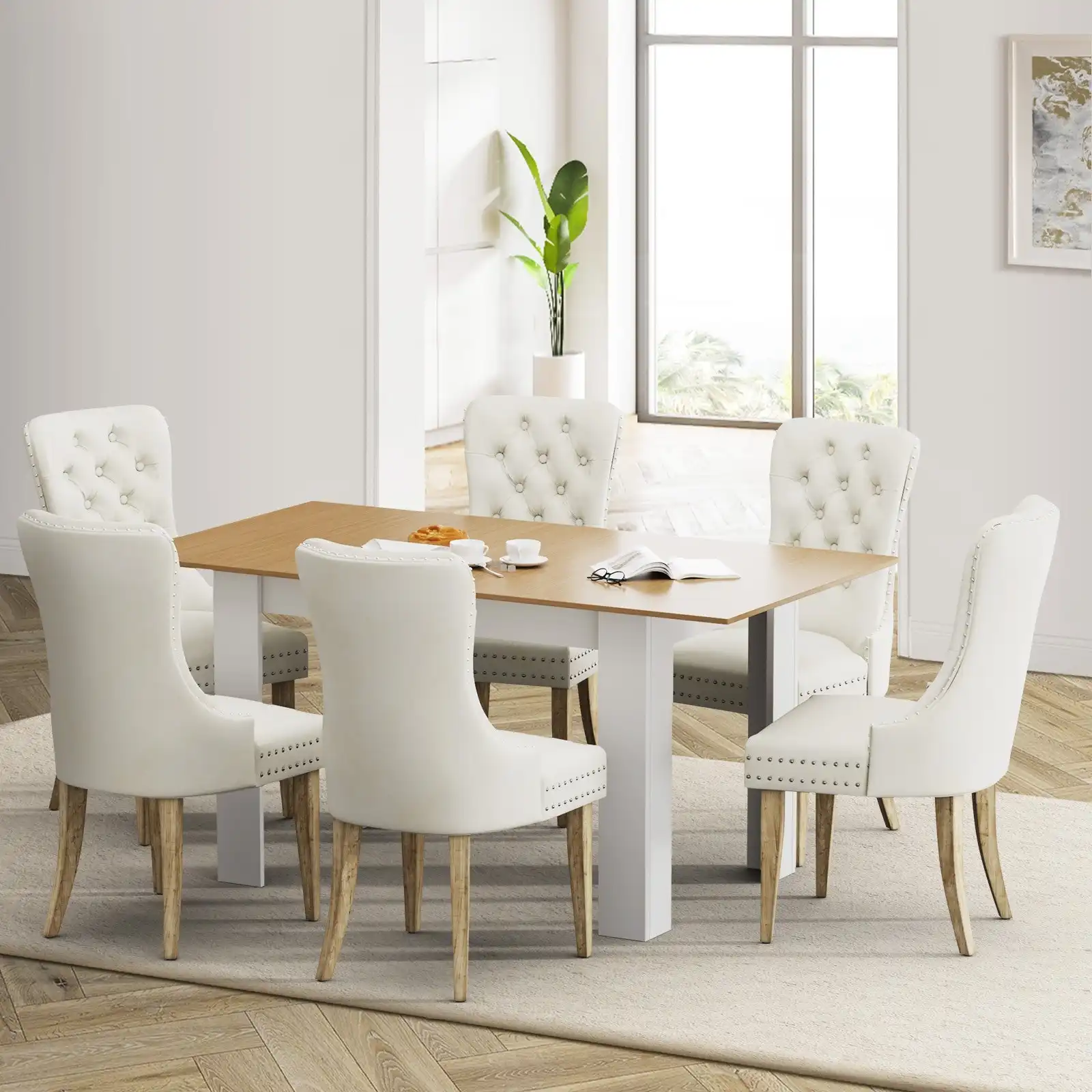 Oikiture 160cm Extendable Dining Table with 6PCS Dining Chairs Velvet Beige