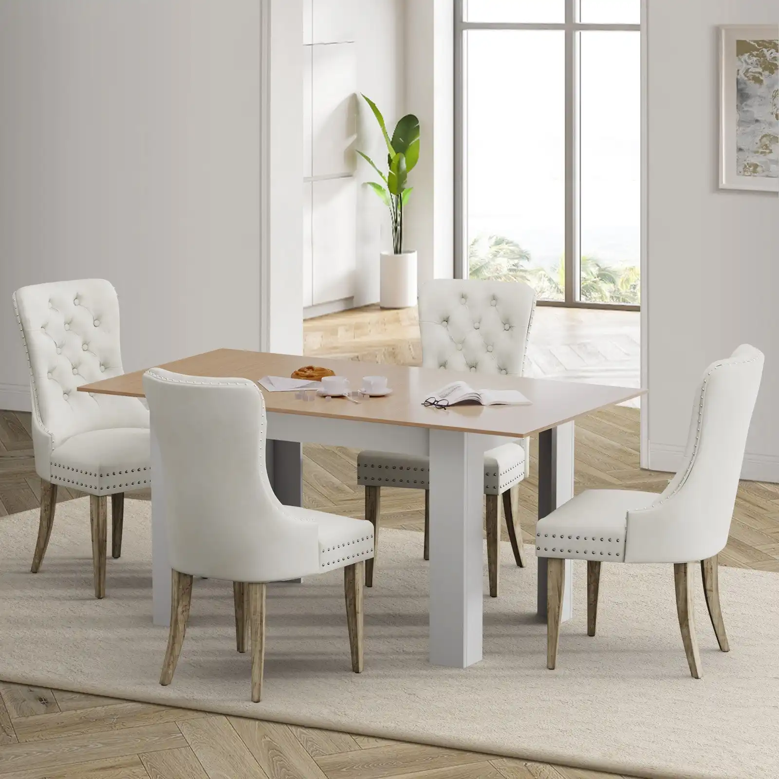 Oikiture 160cm Extendable Dining Table with 4PCS Dining Chairs Velvet Beige