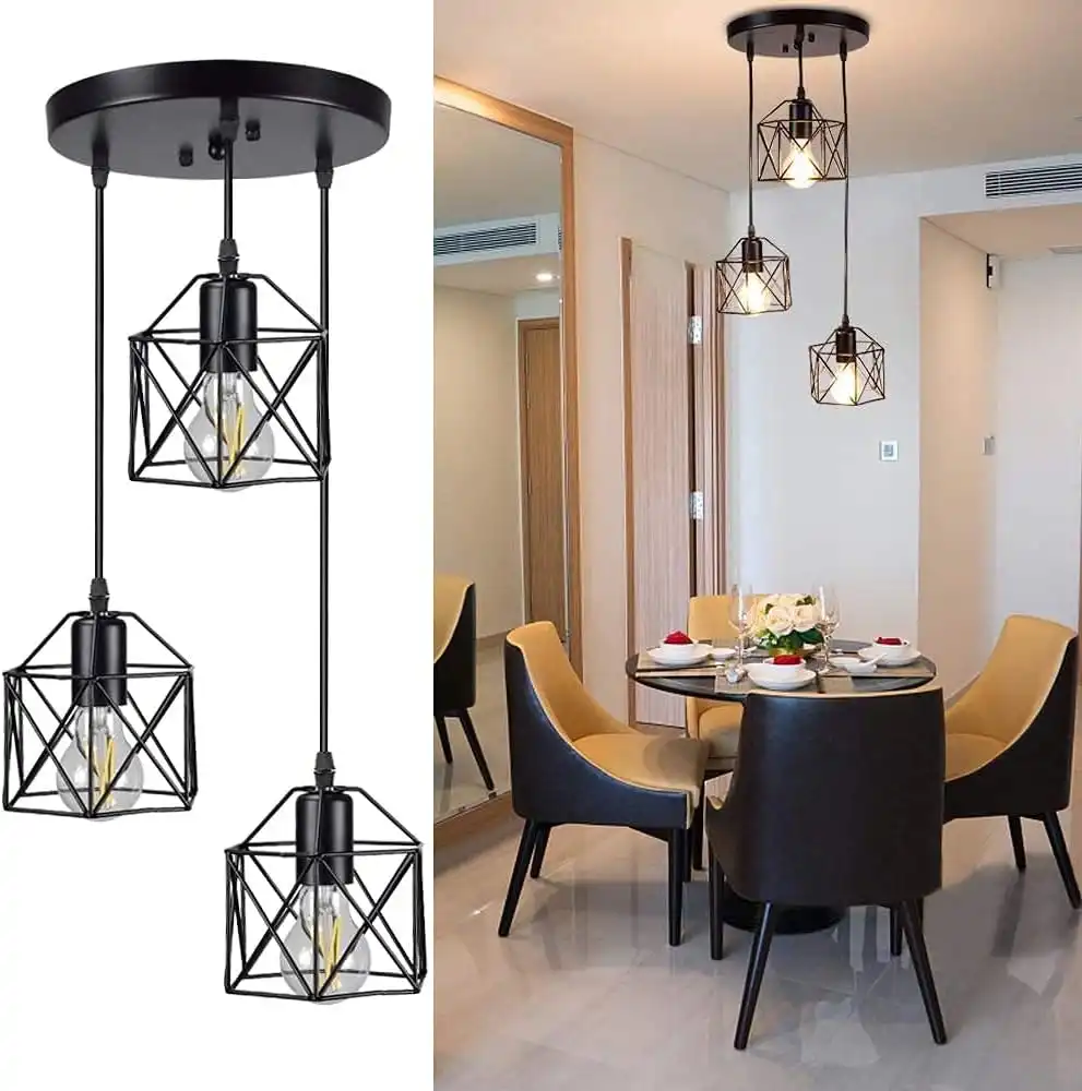 Vintage 3-Light Adjustable Hanging Pendant Light Fixture Cage Shade Industrial Kitchen Dining Room Hallway E27 Base Black