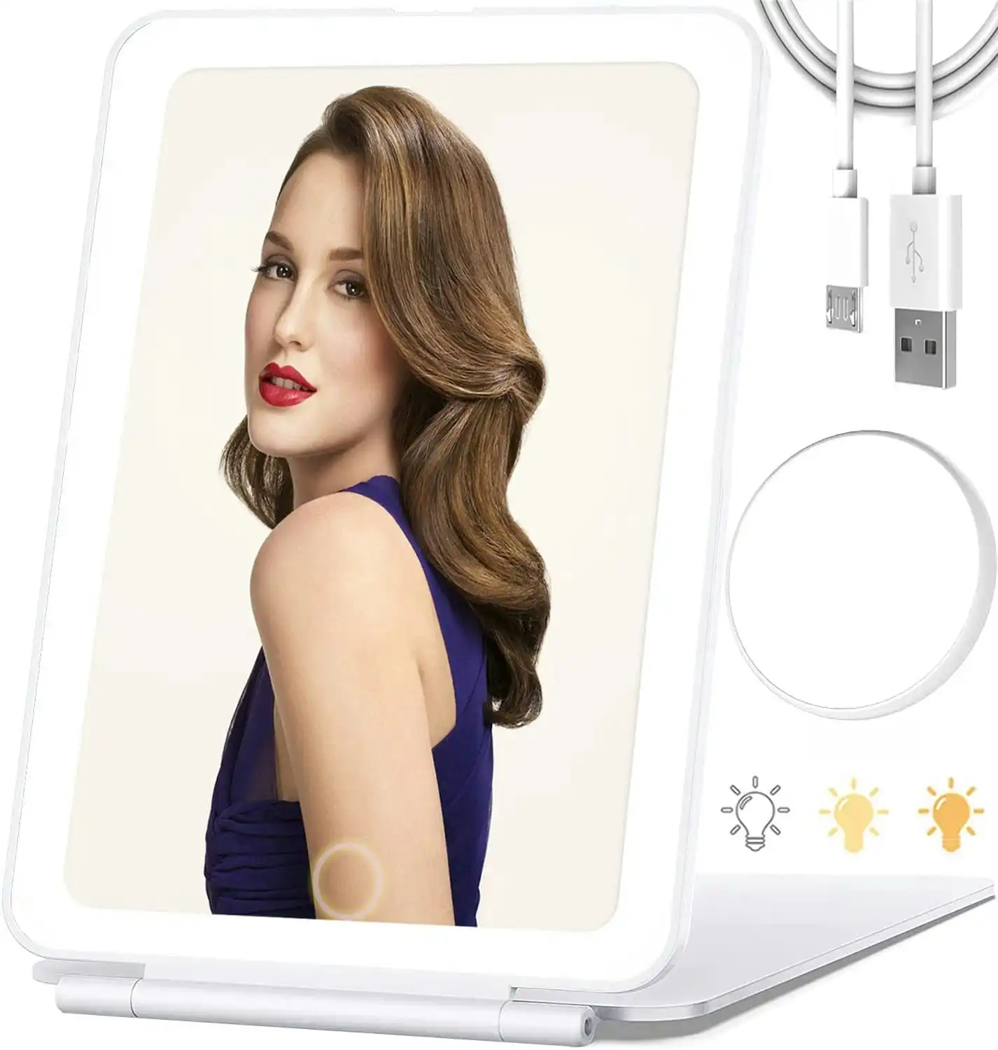Travel Makeup Mirror 10X Magnifying 80 LED Lights 3-Color USB Rechargeable Folding Touch Screen Vanity Mirror Makeup Travel Outing White