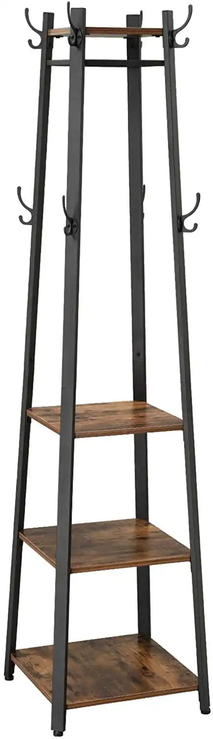 Coat Rack with 3 Shelves with Hooks , Rustic Brown and Black