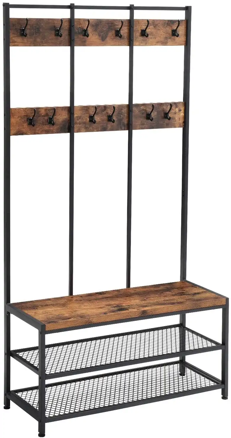 Large Coat Rack Stand with 12 Hooks and Shoe Bench, Rustic Brown and Black