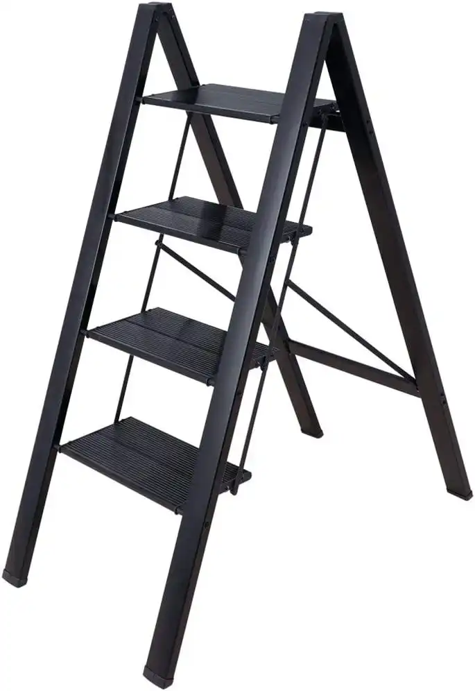 4 Step Ladder Lightweight Folding Aluminum Heavy Duty Stepladders Storage Shelf Rack Anti-Slip Platform Household Office Painting Black