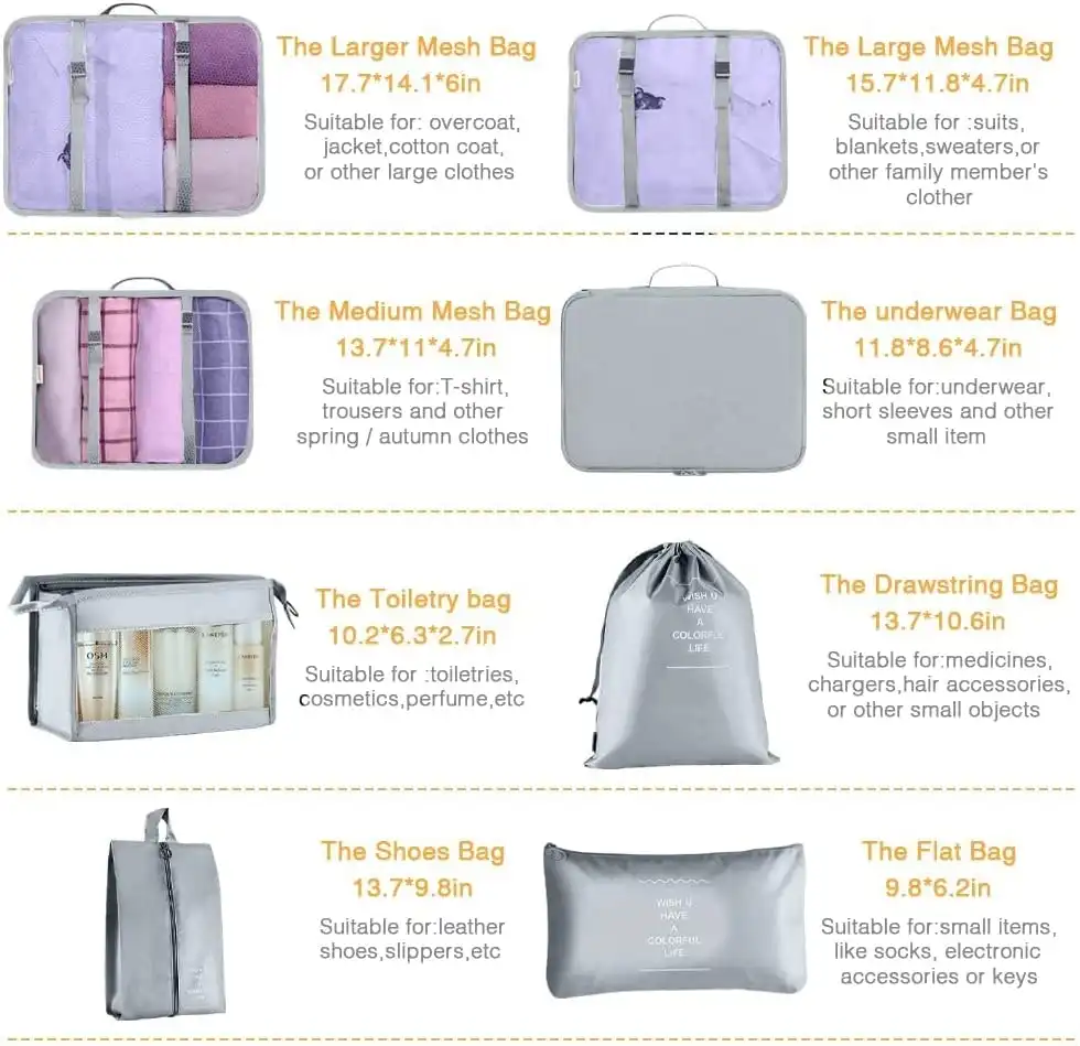 Packing Cubes Suitcase 9PCS Travel Luggage Organizers Waterproof Storage Bags Grey