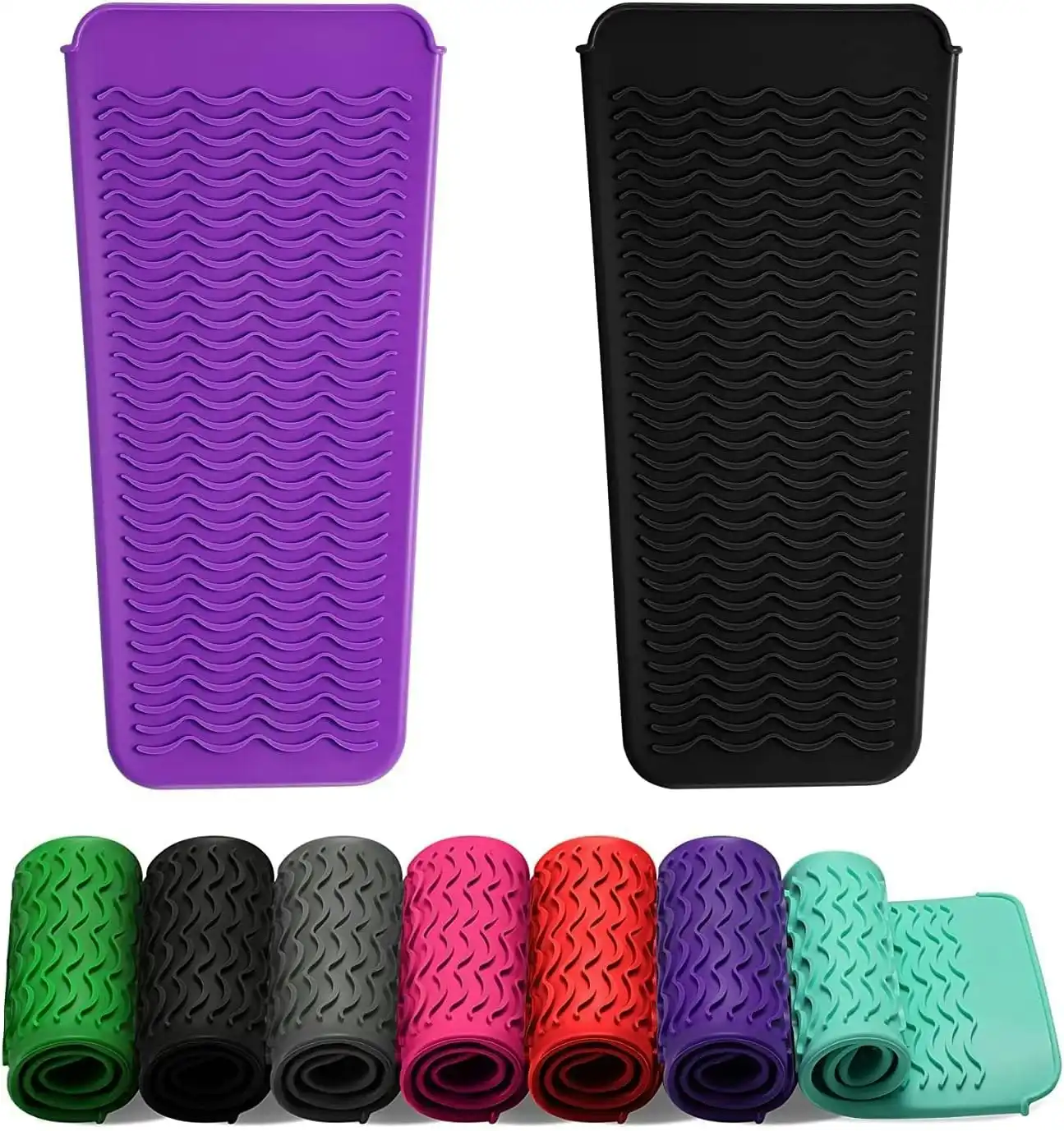 2 Pack Heat Resistant Silicone Mat Pouch for Flat Iron, Curling Iron,Hair Straightener,Hair Curling Wands,Hot Hair Tools (Purple & Black)