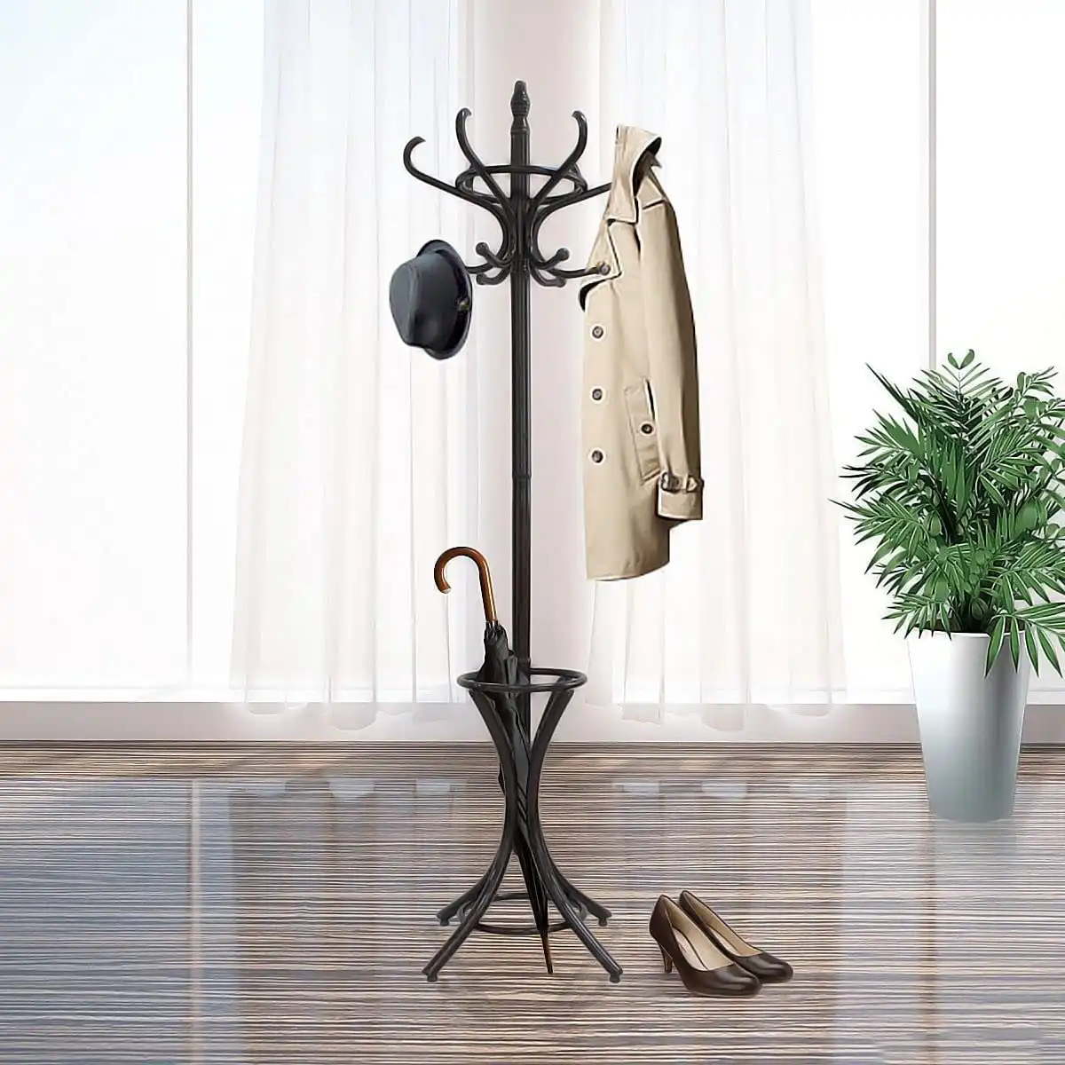 CARLA HOME Black Coat Rack with Stand Wooden Hat and 12 Hooks Hanger Walnut tree