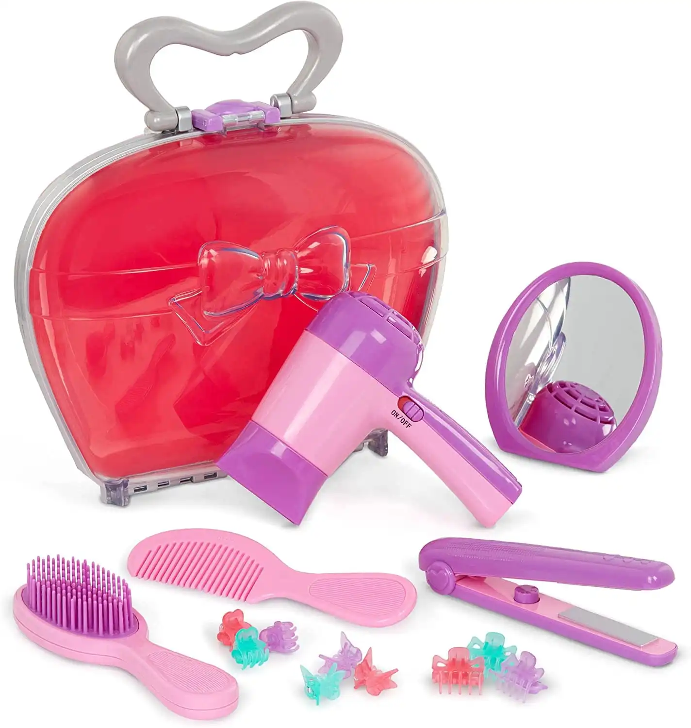 Pink Beauty Shop Hairdressing Set, Mirror, Brush Kit, Working Hair Dryer with Sounds & Air, Salon Accessories