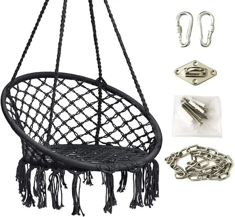 Hanging Rope Hammock Lounger Chair Macrame Porch Swing Set for Indoor Outdoor Home
