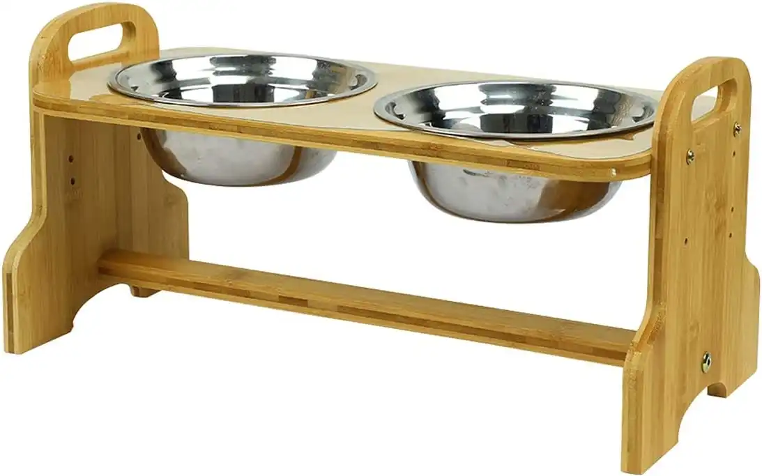 Bamboo Adjustable Raised Pet Bowls for Cats and Dogs with 2 Stainless Steel Bowls and Anti Slip Feet