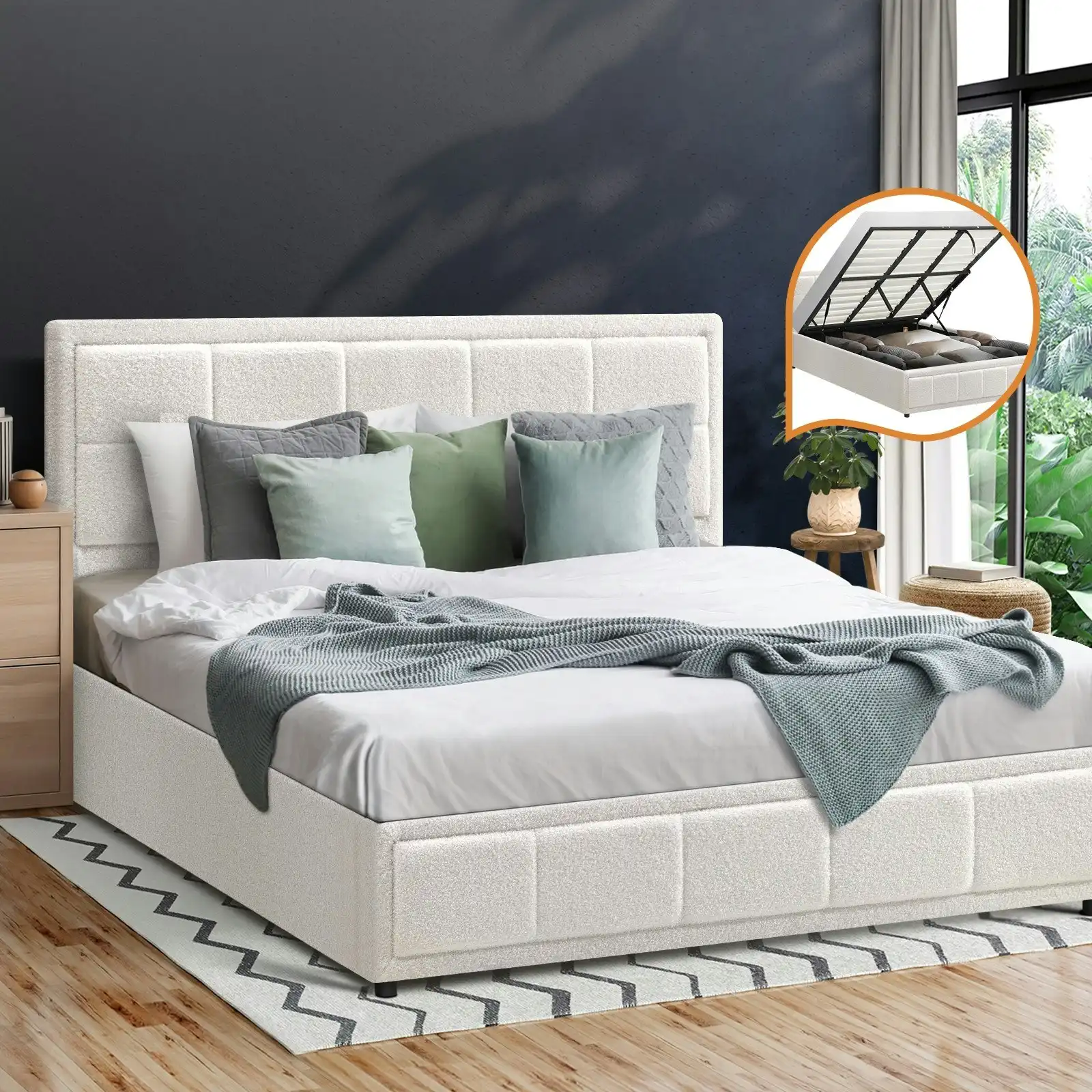 Oikiture Bed Frame King Size Gas Lift Storage Bed Platform Boucle White