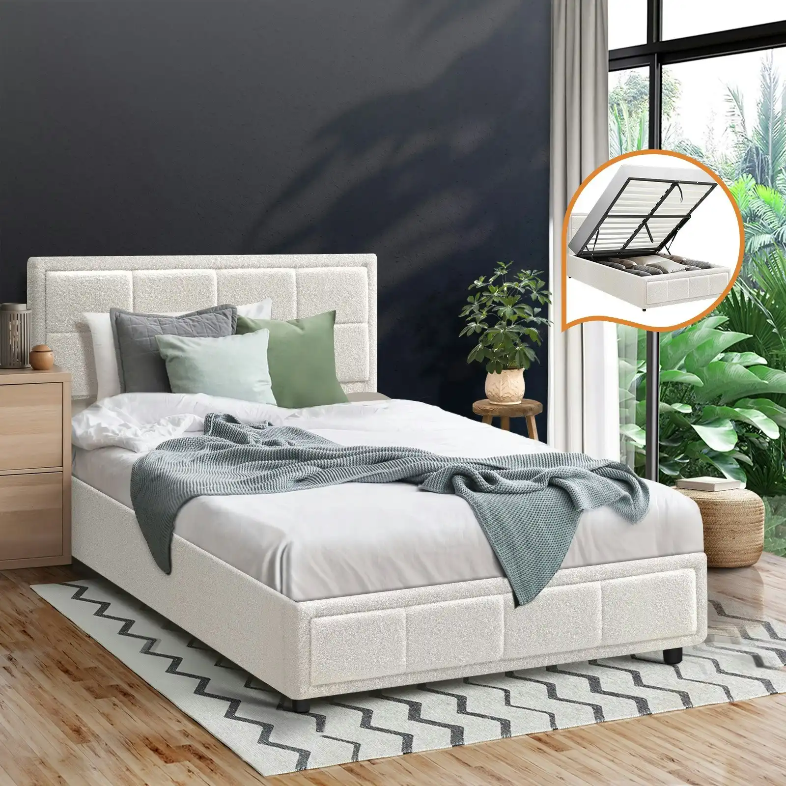Oikiture Bed Frame King Single Gas Lift Storage Bed Platform Boucle White