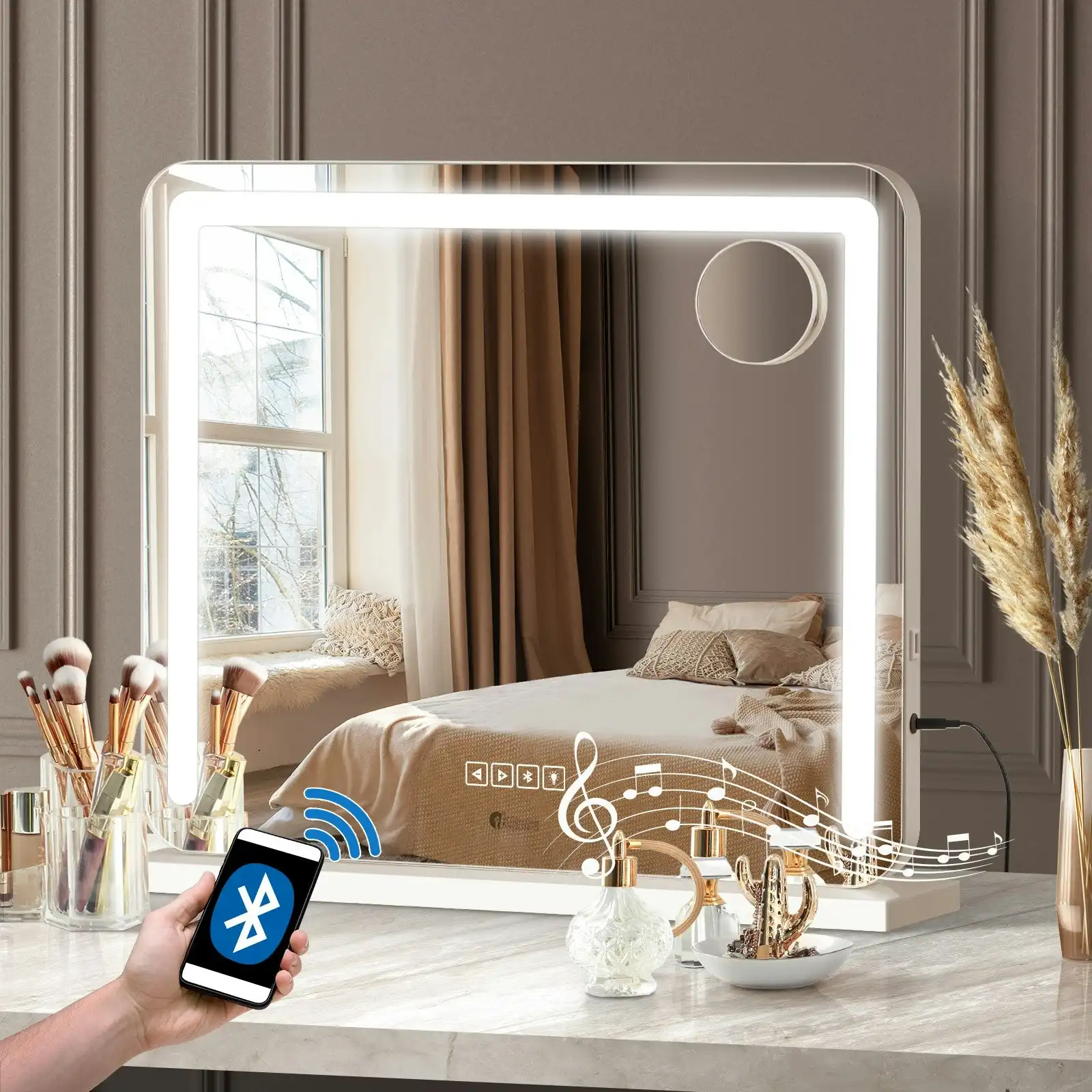 Oikiture 60x52cm Bluetooth Hollywood LED Makeup Mirror Vanity Wall Mirrors Standing Wall Mounted