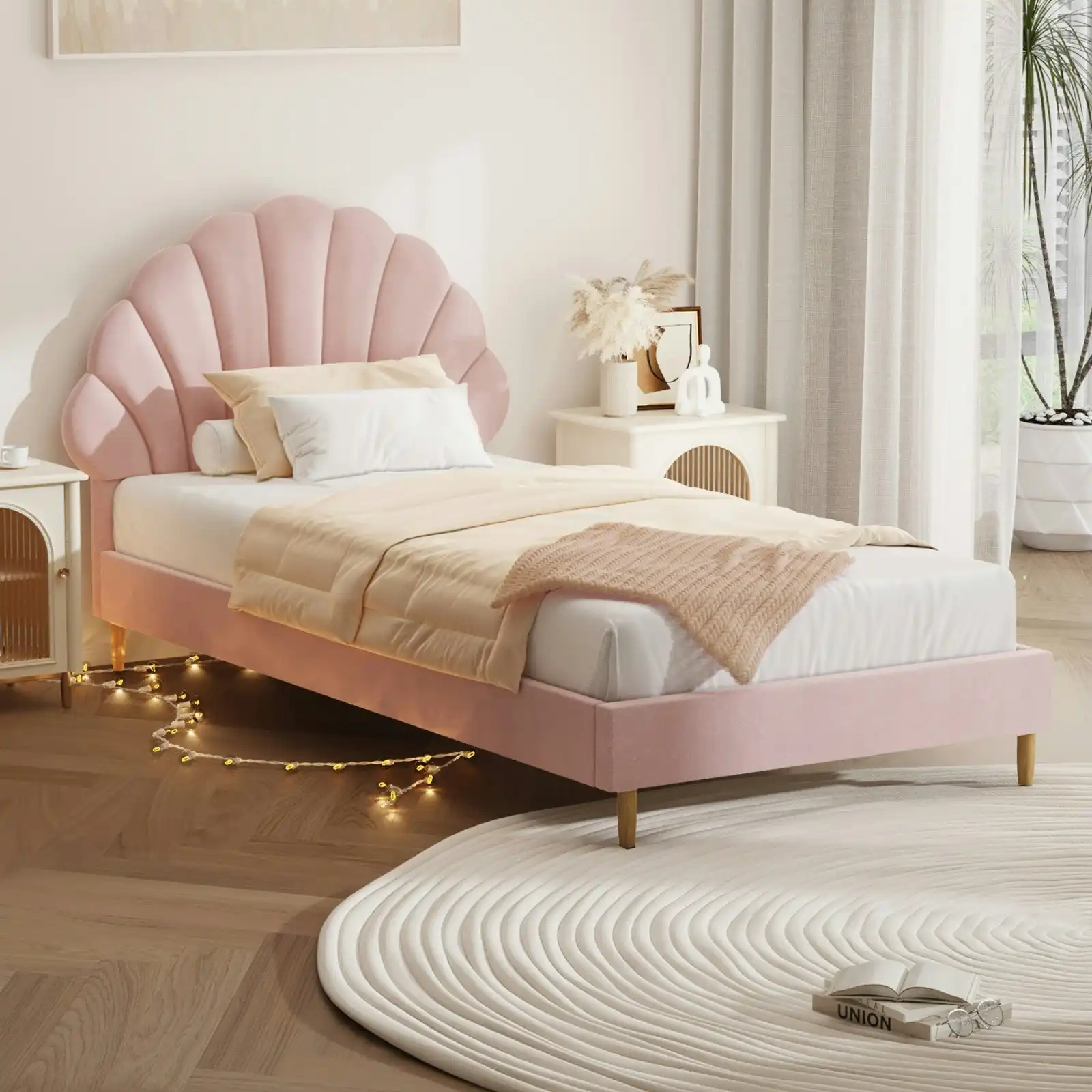 Oikiture Bed Frame Single Size Scallop-Shape Bedhead Pink Velvet