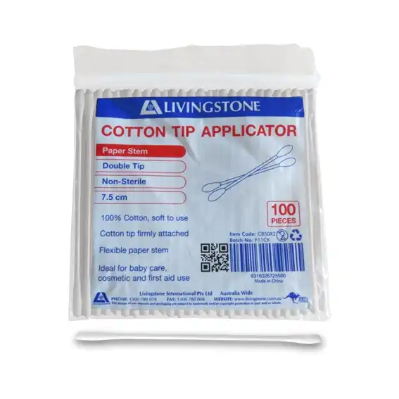Livingstone Double Tipped Cotton Tip Applicator 7.5cm Paper Stem 100 Pack