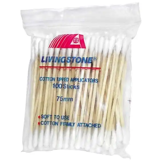 Livingstone Cotton Tip Applicator Double Tipped Wooden Stem 7.5cm 100 Pack