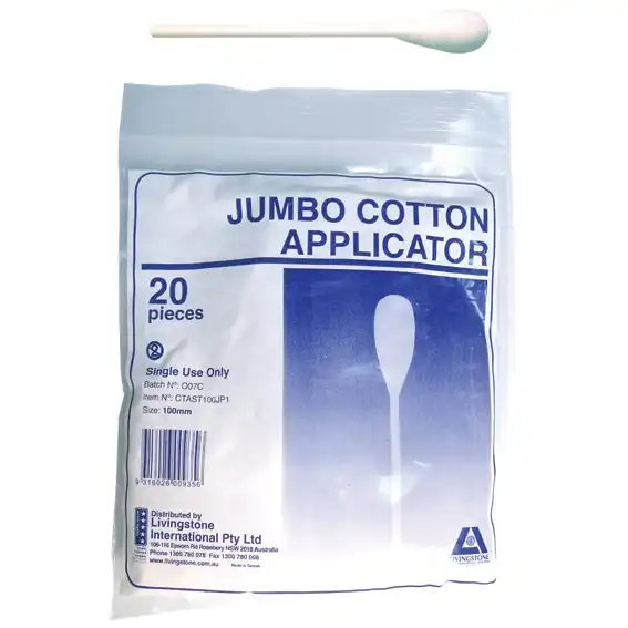 Livingstone Cotton Tip Applicator Jumbo Single Tipped Plastic Stem 10cm 20 Pack