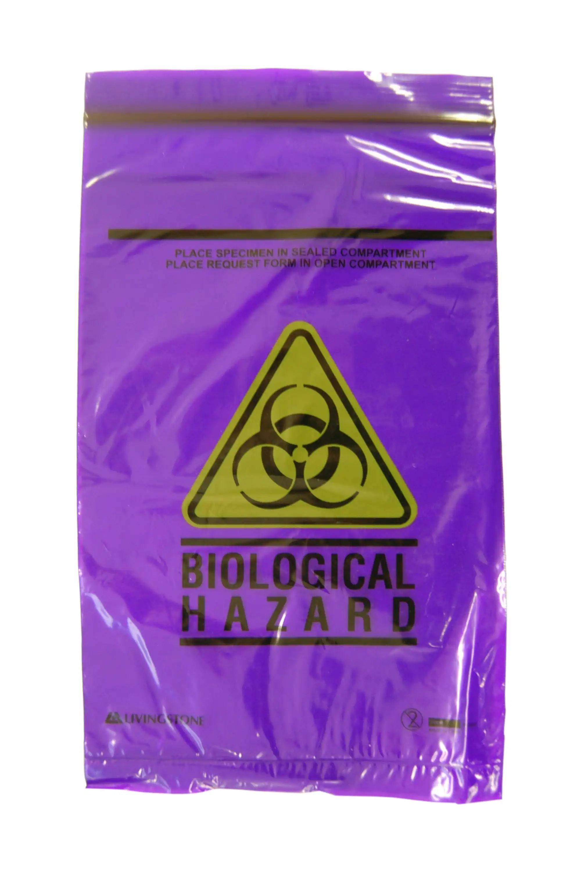 Livingstone Biohazard Specimen Bag, 16x24.5cm, 3-Ply, 2 Compt, Zip Compt, 2-Ply, 45um, Pouch Compt, 1-Ply, 32um, Purple Tint, 2000/Ctn