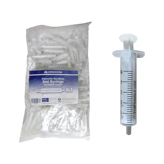 Livingstone Syringe, 5ml, Luer Slip Tip, 2-Piece, No Rubber Gasket, Latex Free, Hypoallergenic, Non-Sterile, 150/Bag x20