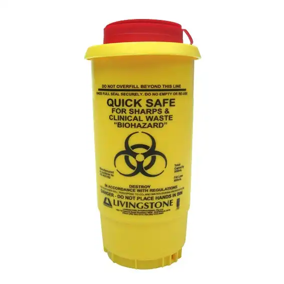 Livingstone Needles Sharps Waste Collector 500ml with Pull Off Lid and Finger Guard Round Plastic Yellow