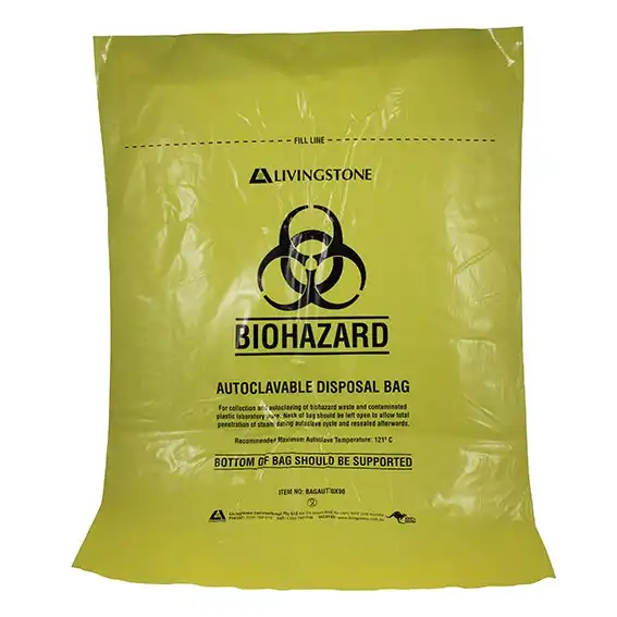 Liv Biohazard Autoclavable Waste Bag, 70 x 90cm, 70 Litres, 50 Microns, Heat Resistant Polypropylene, Yellow, 5Pks of 50Pcs, 250/Carton x2