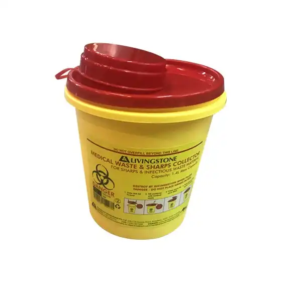 Livingstone Needles Sharps Waste Collector, 1.4 Litres, with Clip Lid and Finger Guard, Round, Recyclable Plastic, Yellow, 20/Carton x5