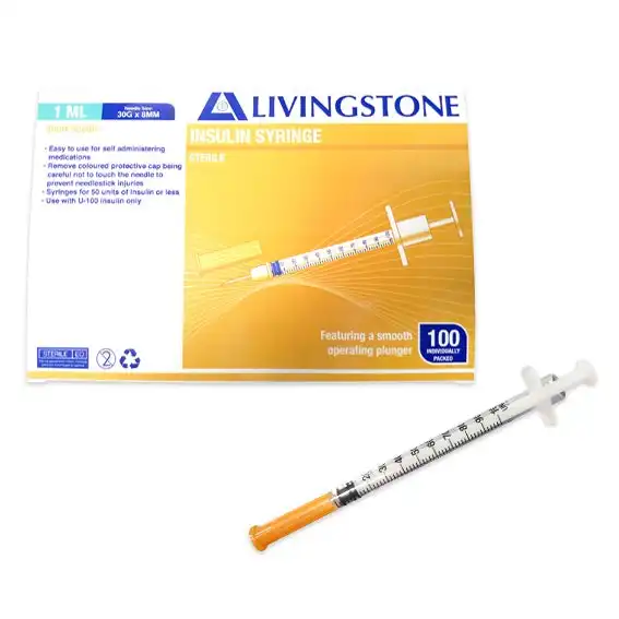 Livingstone Insulin Syringes 1ml with White Plunger with Needle 30 Gauge x 0.32 Inch 8mm Sterile 100 Box