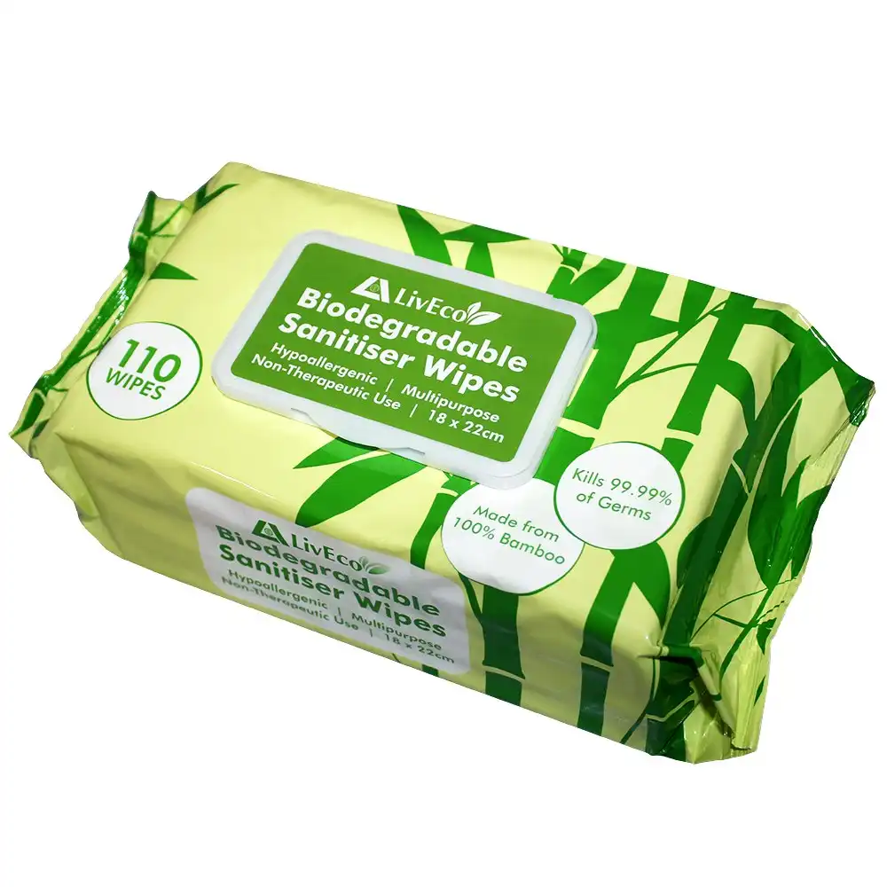 Liv Eco Biodegradable Sanitiser & Disinfectant Wipes 110 Pack x 4 x3