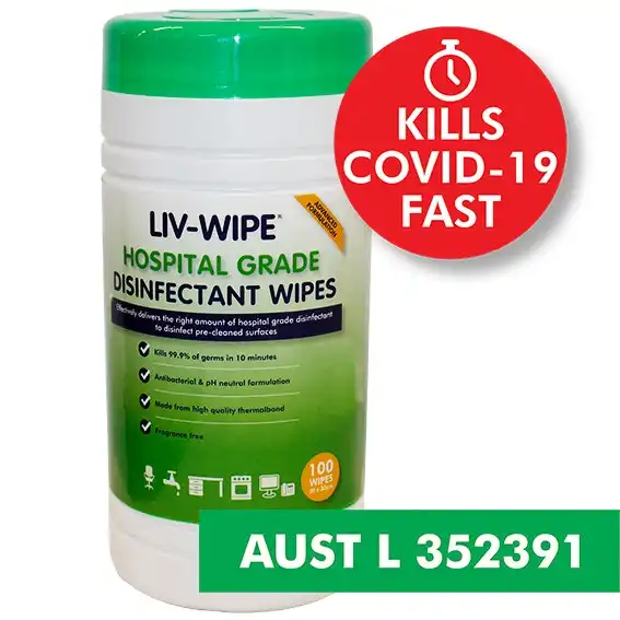 Liv-Wipe Hospital Grade Sanitiser Disinfectant Wipes 20 x 30cm 100 Tub x8