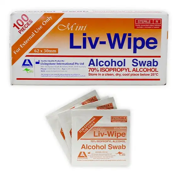 Liv-Wipe Mini Alcohol Swabs Prep Pad 70% Isopropyl Alcohol Sanitiser 62 x 30mm Gamma Sterilised 100 Box