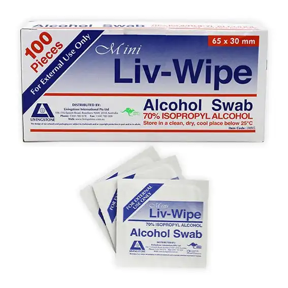 Liv-Wipe Mini Alcohol Swabs Prep Pad 70% Isopropyl Alcohol Sanitiser 65 x 30mm 100 Box