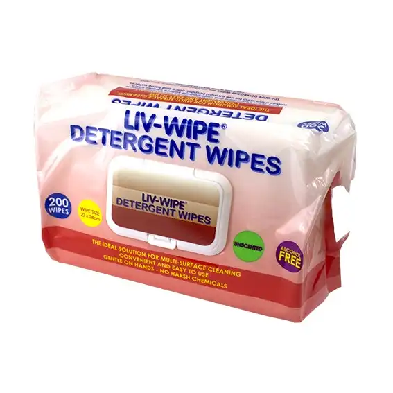 Liv-Wipe Detergent Wipes 22 x 28cm Alcohol Free 200 Pack