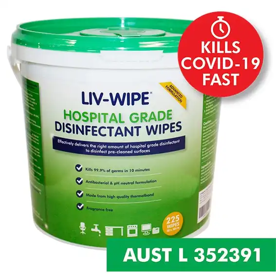 Liv-Wipe Hospital Grade Sanitiser Disinfectant Wipes 20 x 30cm 225 Pail x3