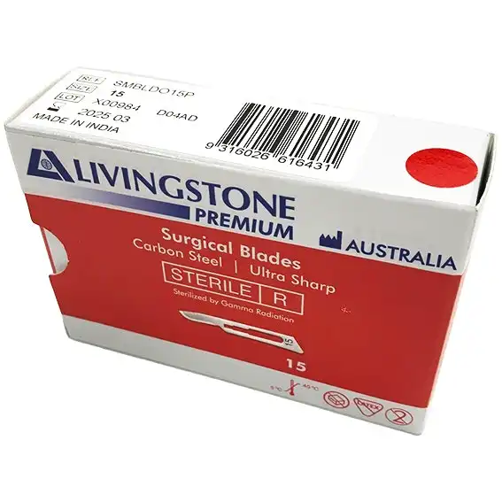 Livingstone Premium Surgical Scalpel Blade Carbon Steel Size 15 Sterile 100 Box