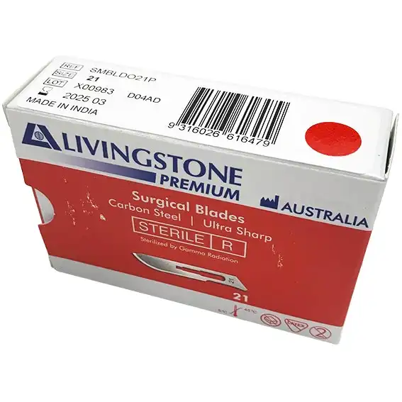 Livingstone Premium Surgical Scalpel Blade, Carbon Steel, Size 21, Sterile, 100/Box
