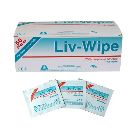 Liv-Wipe Prefolded Antibacterial 70% Isopropyl Alcohol Cleaning Sanitiser Wipe 50 Box
