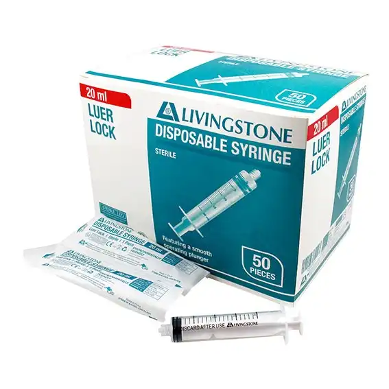Livingstone Syringe 20ml Luer Lock Tip Hypoallergenic Sterile 50 Box