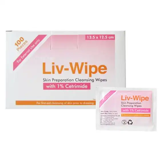Liv-Wipe Skin Prep Antiseptic Cleansing Wipe 1% Cetrimide 135 x 125mm 100 Box