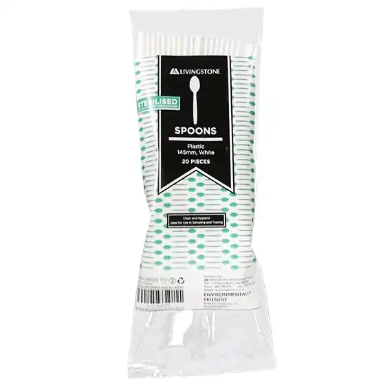 Livingstone Recyclable Plastic Spoons, Sterile, 145mm Length, White, 20 Pieces/Pack