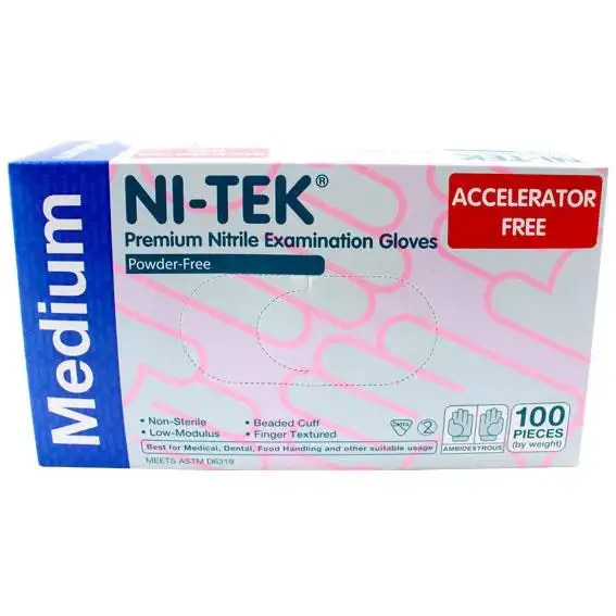 Ni-Tek Nitrile Accelerator Free Powder Free Gloves Medium Blueple ASTM 100 Box x10