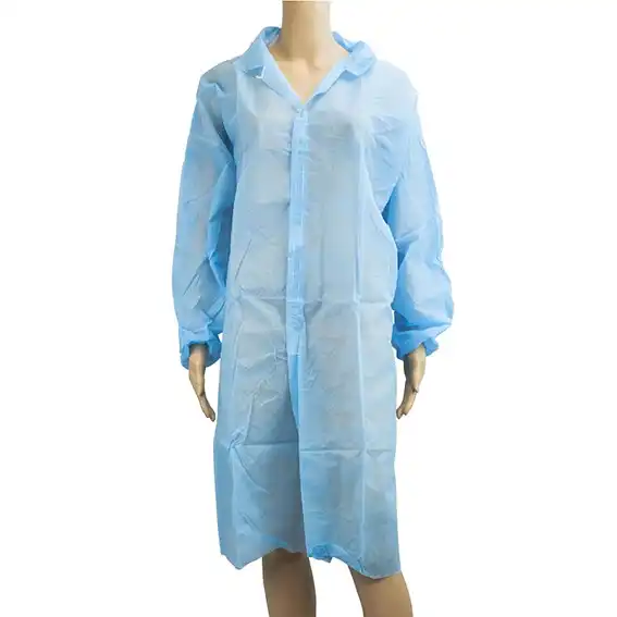 Livingstone Isolation Gown Dust Coat Long Sleeve One Touch Hook Loop Fastener Button w/o Pocket Free Size Nonwoven Blue 100 Carton